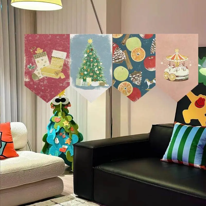 VIKAMA Christmas Triangle Flag Cartoon Santa Gift Xmas Tree Snow Globe Print Pennant Banner For Home Party Window Decor