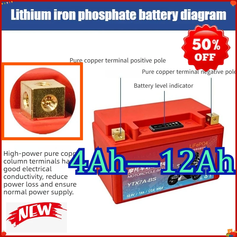 12.8V 12Ah Motorcycle Start LiFePO4 Battery with Digital Display Maintenance-Free Universal Battery for Motorbike