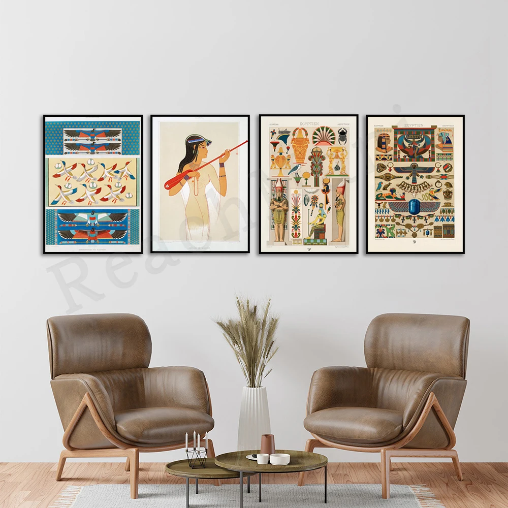 Egyptian jewelry collection, egyptian bard playing musical instruments, mysterious woman, ancient egypt hieroglyphs wall poster
