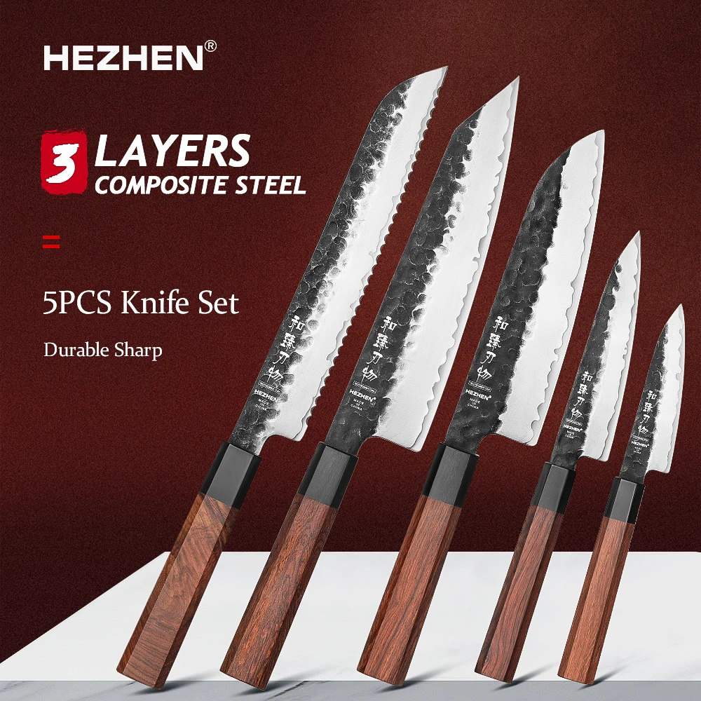 HEZHEN 1-5PC Kitchen Knife Set Chef Utility Stainless Steel 3 Layers Composite Steel Kitchen Accessories Knives