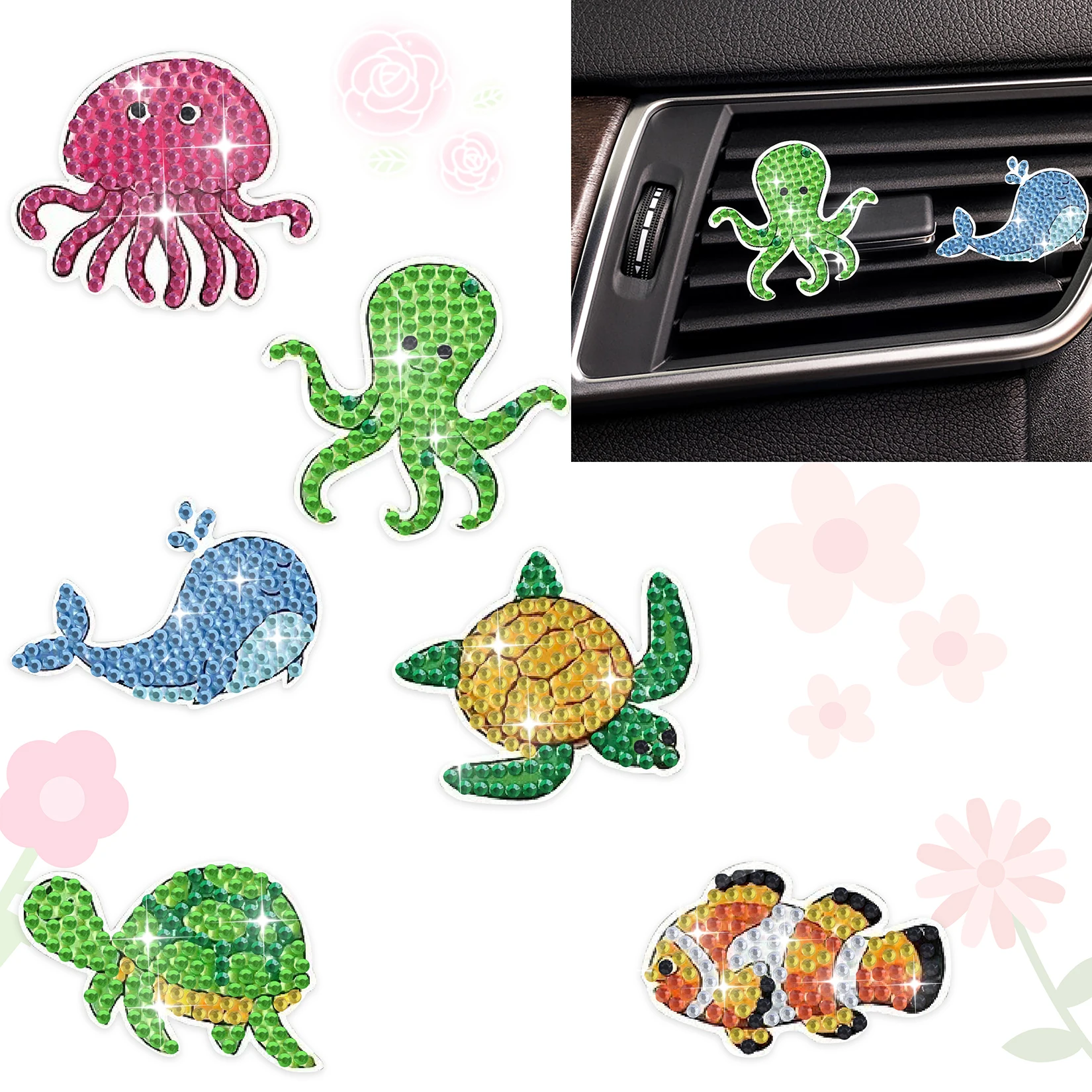 6pcs/set DIY Marine Animals Pattern 5D Diamond Diamant Painting Automotive Decoration Car Air Conditioning Outlet Decor Gift