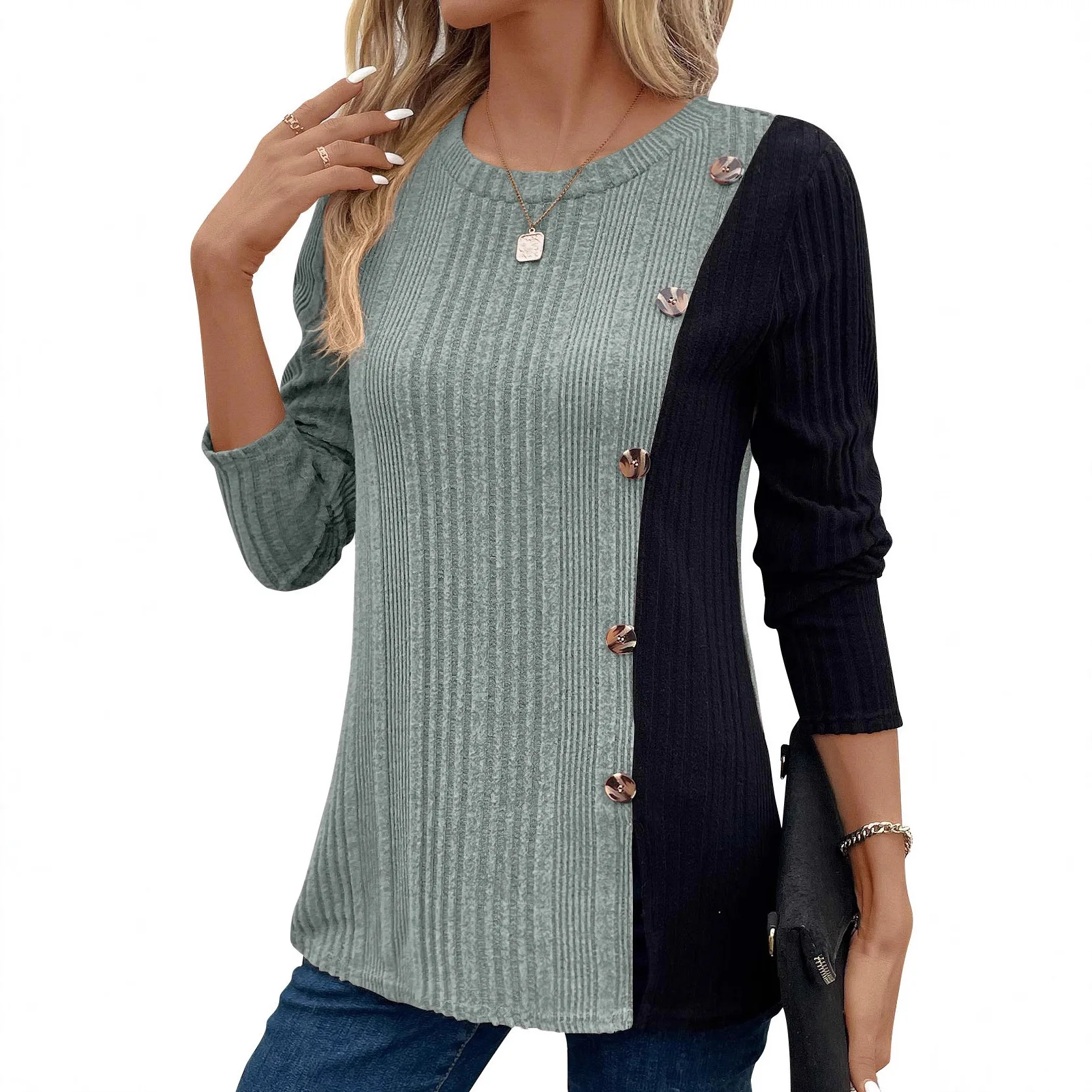 Nowa damska bluzka oversize z rozcięciem, zapinana na guziki, w stylu color-block