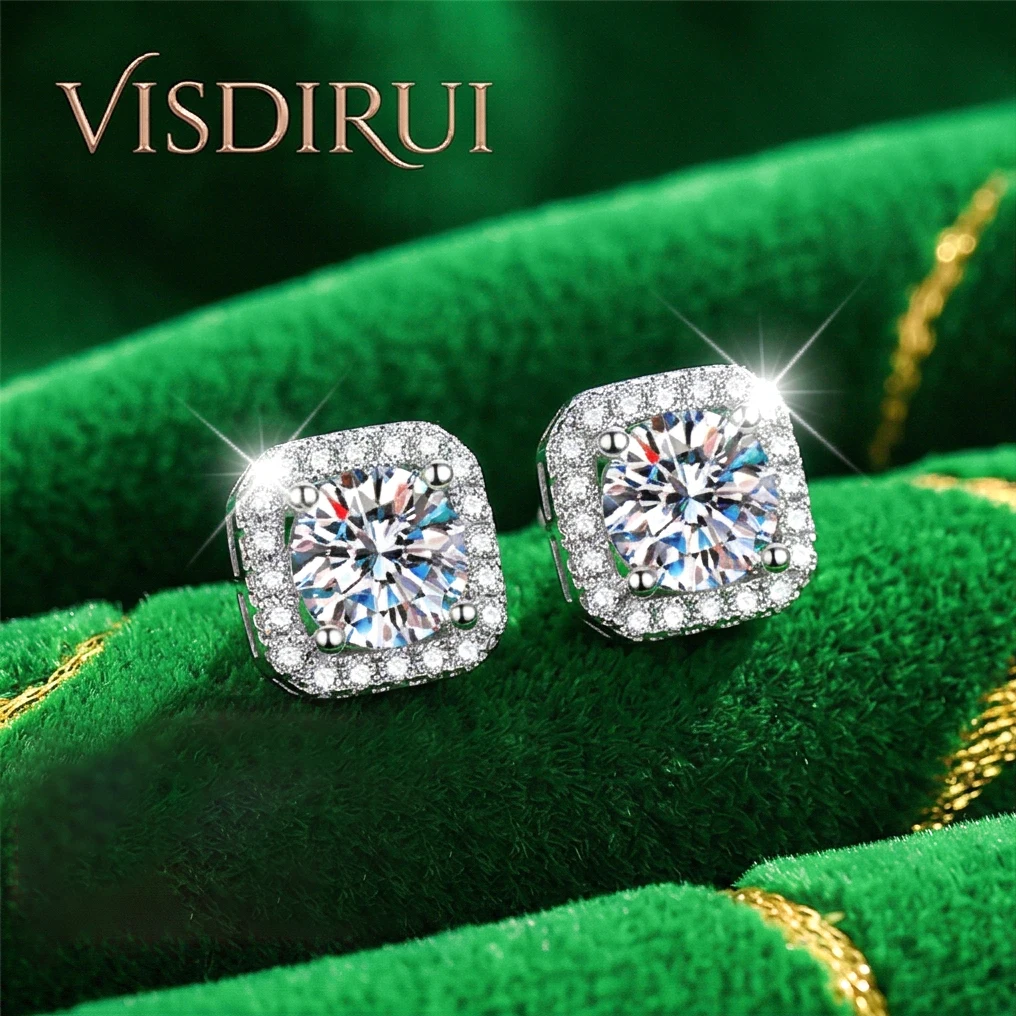 

VISDIRUI D Color Moissanite Halo Stud Earrings S925 Silver 0.5ct 1ct Round Cut Hypoallergenic Fine Jewelry Gift Women