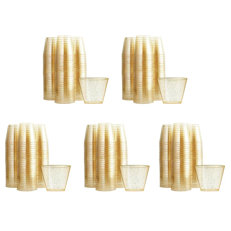

ABUH-Gold Plastic Cups Clear Plastic Wine Glasses, Fancy Disposable Hard Plastic Cups With Gold Glitter For Party Cups 125Pcs