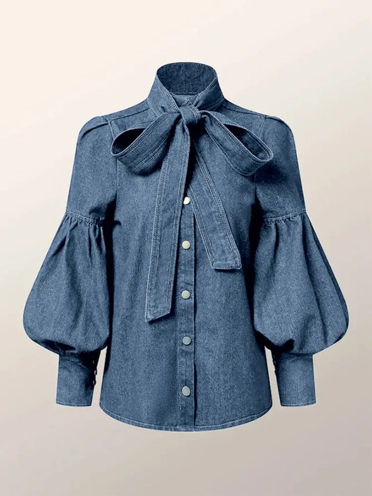 

Women's Denim Blouse with Bow Neck Light Blue Long Puff Sleeve Buttoned Shirt Top 2026 Casual Bow Tied Work Shirts