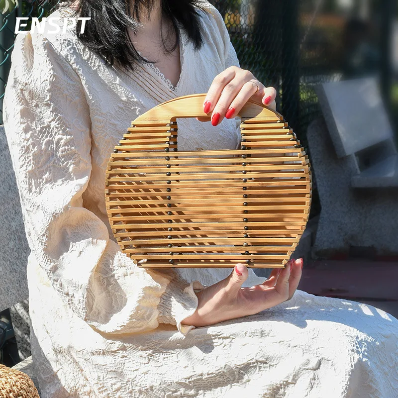 Handmade Bamboo Braided Bag Retro Braided Bag Bamboo Scuttle Bag Hollowed Out Beach Niche Design Portable Bamboo Straw Braided