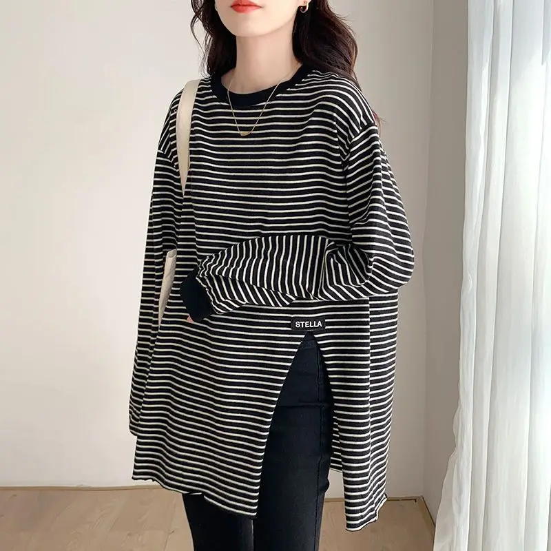 Spring Autumn New Split Hem Striped Tops Tees Long Sleeve O-Neck Loose Plus Size Pullovers Casual Vintage Women Clothing M-4XL