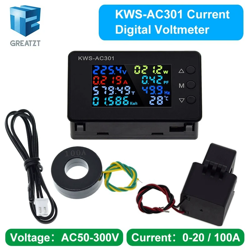 KWS-AC301 AC300 Digital Current Voltage Tester Module AC 50-300V Power Energy Meter AC Wattmeter Electricity Meter 0-20/100A