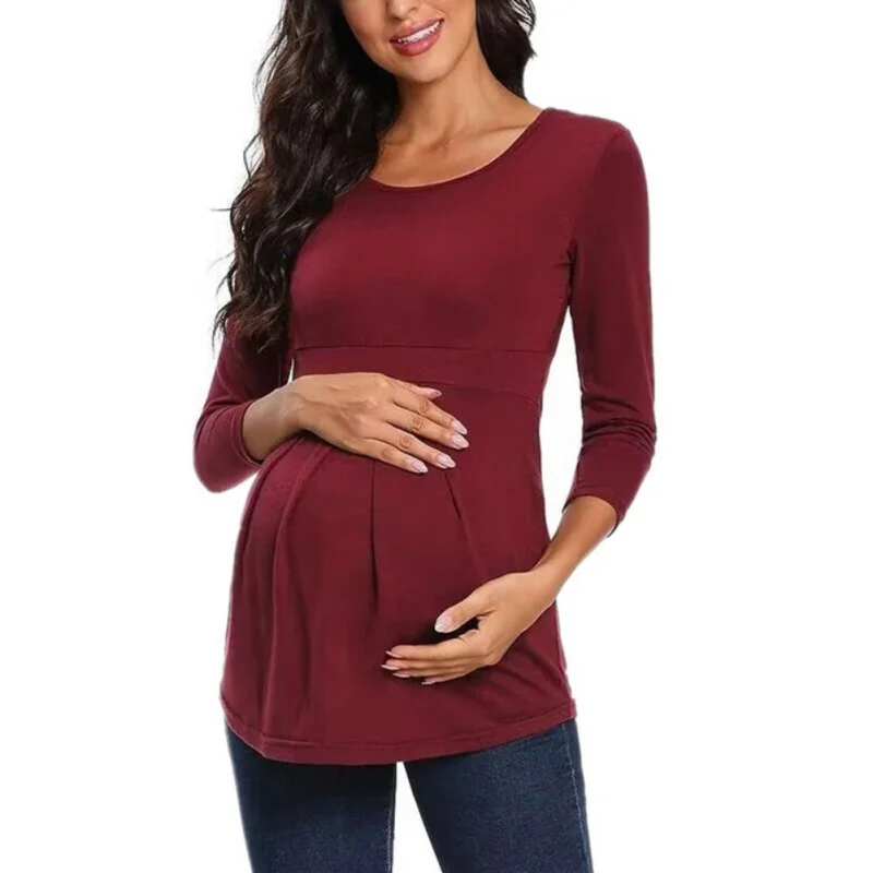 Women's Maternity Tops Round Neck Solid Maternity Long Sleeve Base T-shirt High Stretch Comfortable Soft Maternity Clothing