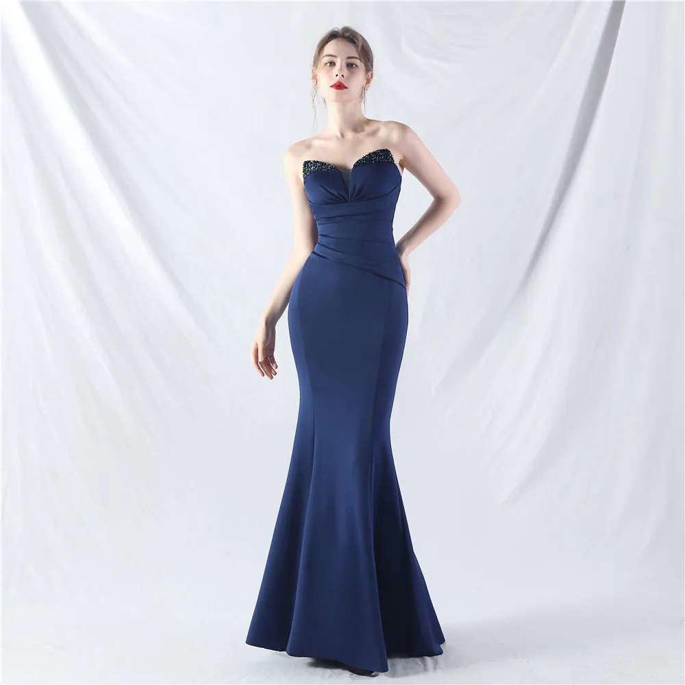 Navy Blue Mermaid Long Elegant Evening Dress in Stock Sweetehart Backless Chic Crystals Spandex Formal Occasion Gowns Prom Party