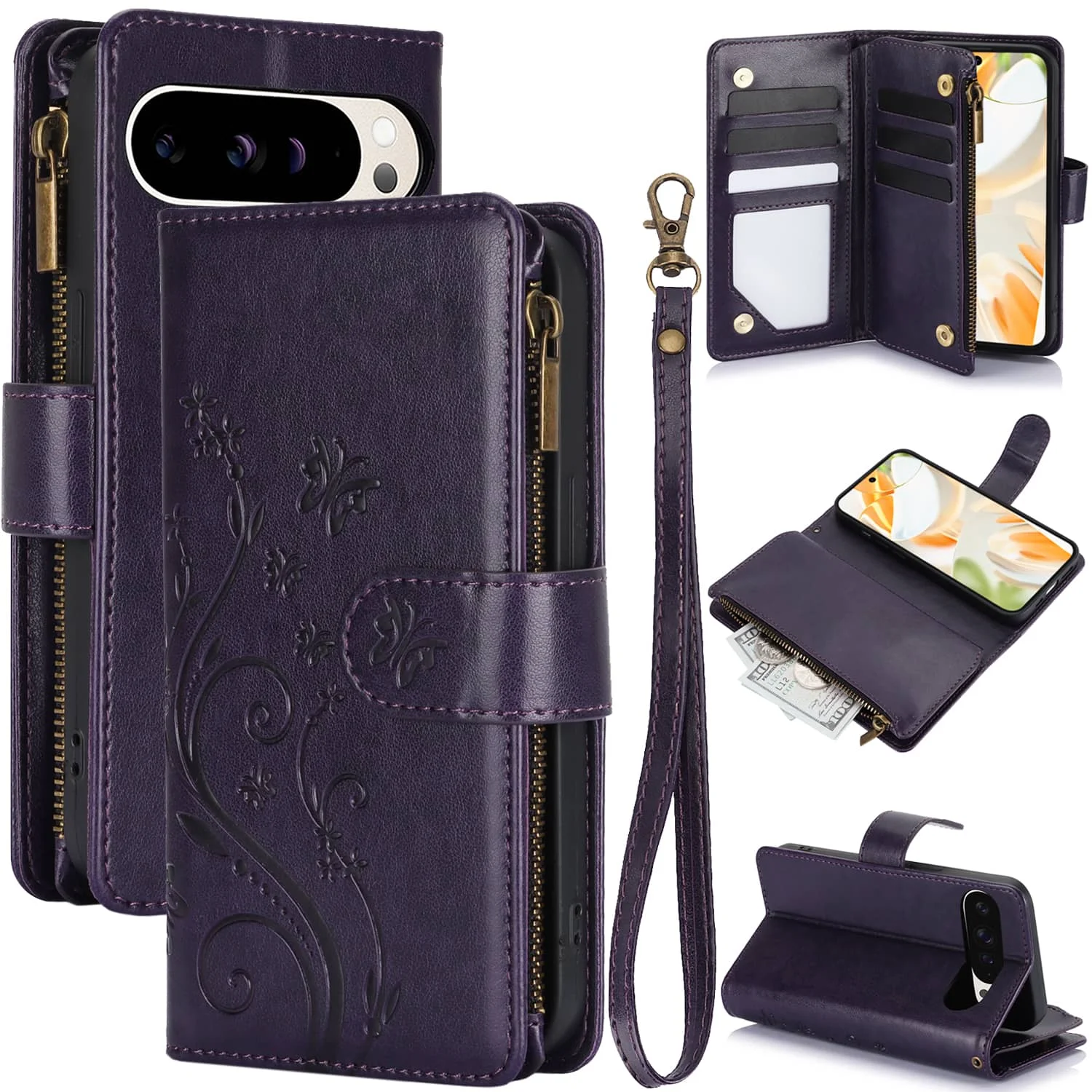 

WEFOR Wallet Case for Google Pixel 10 9 Pro XL 8 7 6 Pro 9A 8A 7A 6A, 6 Card Slots Zipper Pocket, Wrist Strap, Butterfly Floral