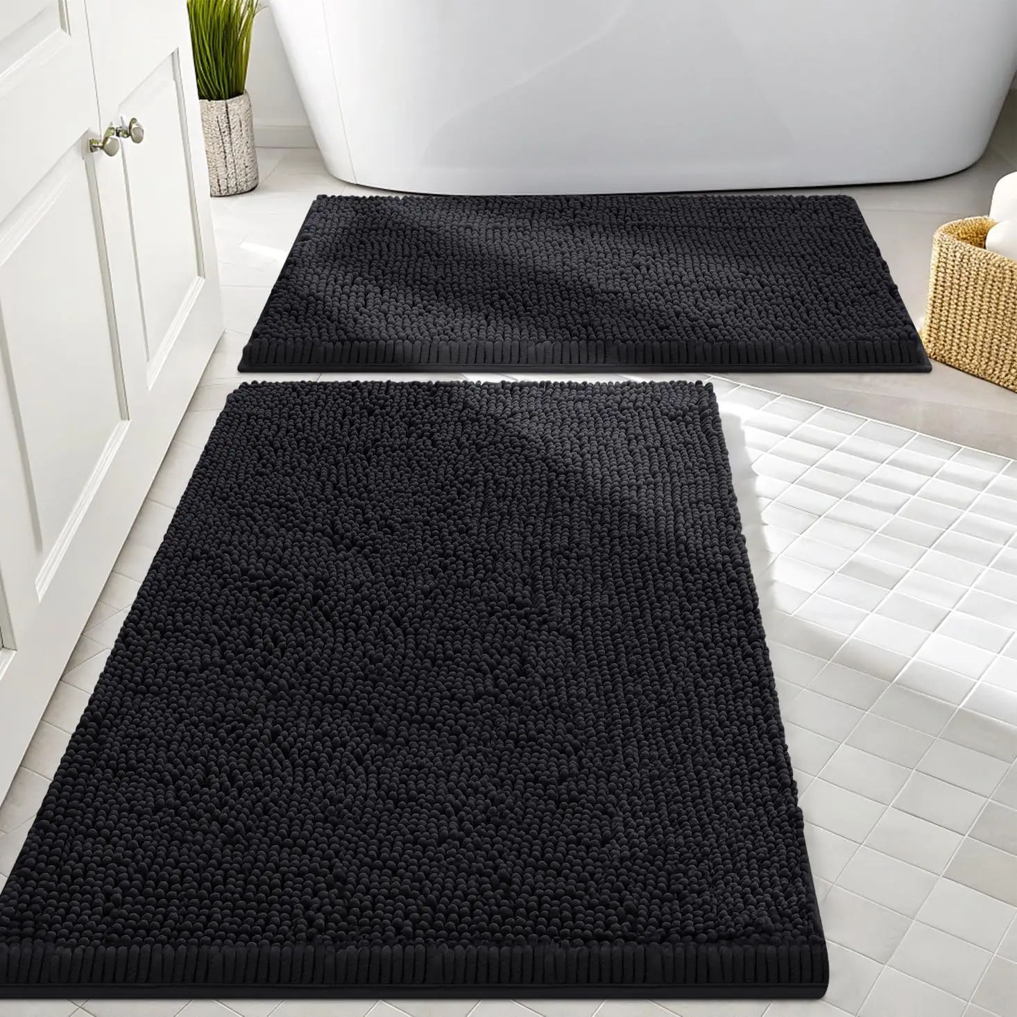

Bathroom Rugs Sets 2 Piece, Soft Absorbent Chenille Machine Washable Non Slip Shaggy Bath Rug Set for Tub, Shower, and F