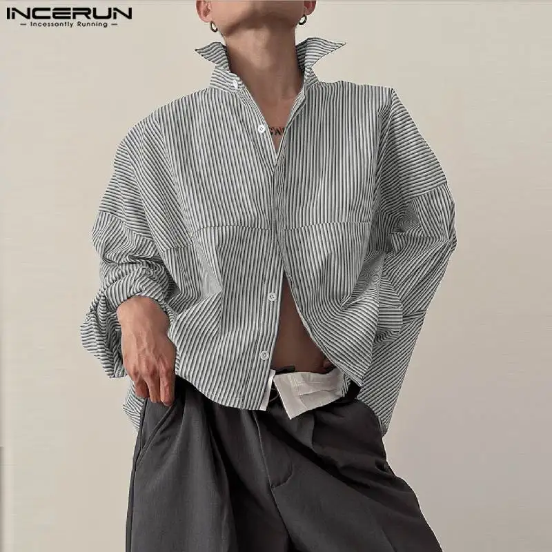 

2024 Men Well Fitting Tops INCERUN Casual Long Sleeve Stripe Splicing Shirts Korean Style Lapel Simple Male Streetwear Blusas