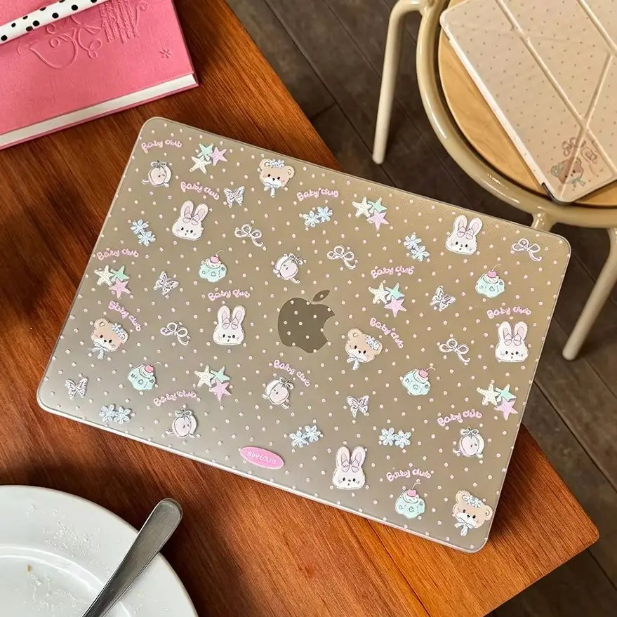 Cute Dots Bear Bunny Crystal Laptop Case For Macbook Air 13.6 M4 NEO 15 M3 Hard Cover For Mac Book Pro 13 M1M2 14 M4 M5 16 Cover