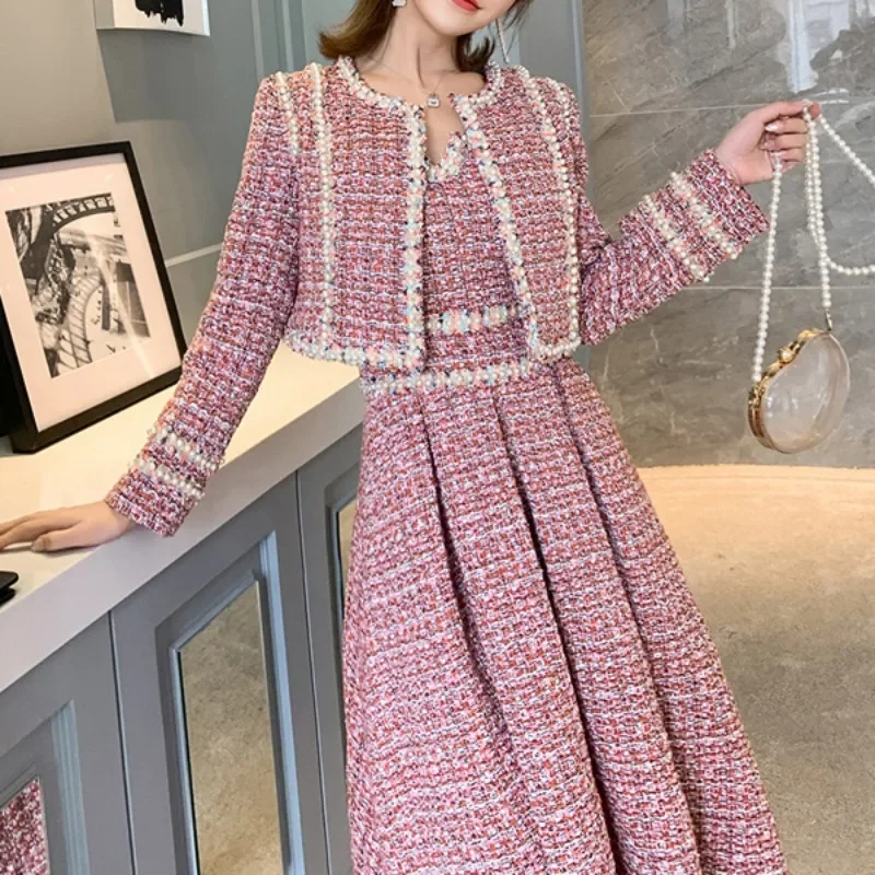 

Vintage Thicken Tweed Jacket + Beading Dress Women Winter Autumn Elegant 2 Piece Sets Female Runway Design Dress Sets