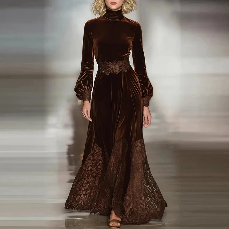 

Elegant High Waist Print Spliced Maxi Dress Spring Autumn Women's Commute Dresses Vintage Velvet Long Sleeve Pleat Evening Dress