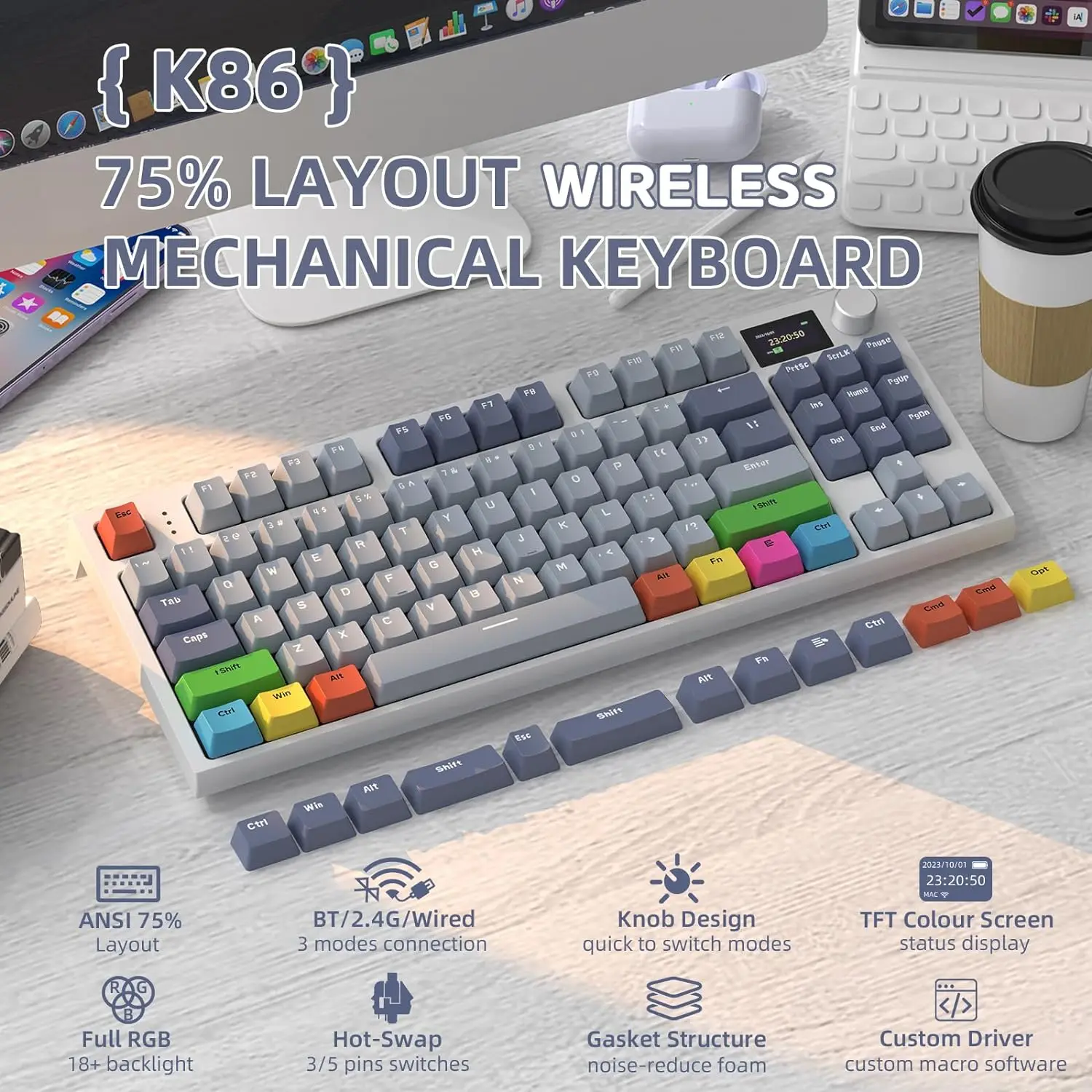 ATTACK SHARK × ZIYOULANG K86 2.4G/Bluetooth/USB-C Wired Gaming Mechanical Keyboard with TFT Color Display&Knob RGB for PC/MAC