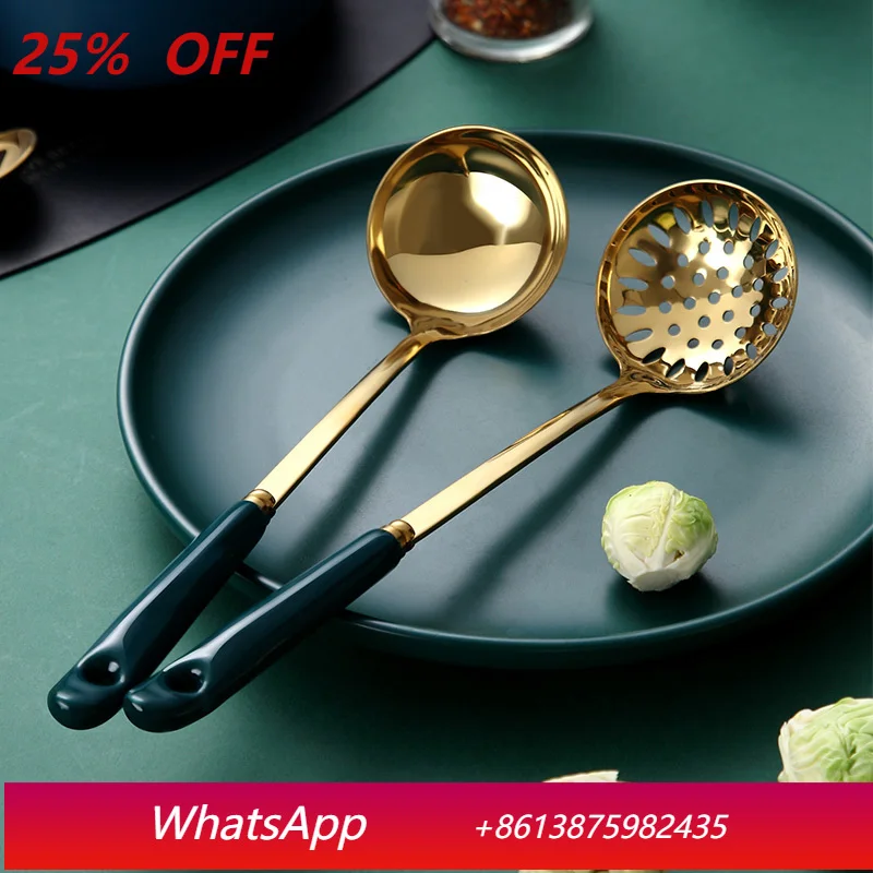 LMM Household Large Soup Spoon Long Handle Hot Pot Colander Set Stainless Steel