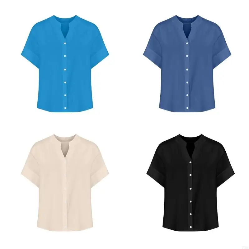 

77HE Women's Summer Cotton Linen Shirt Button Down Short Sleeve Stand Collar V Neck Blouse Casual Oversized Loose Fit Top