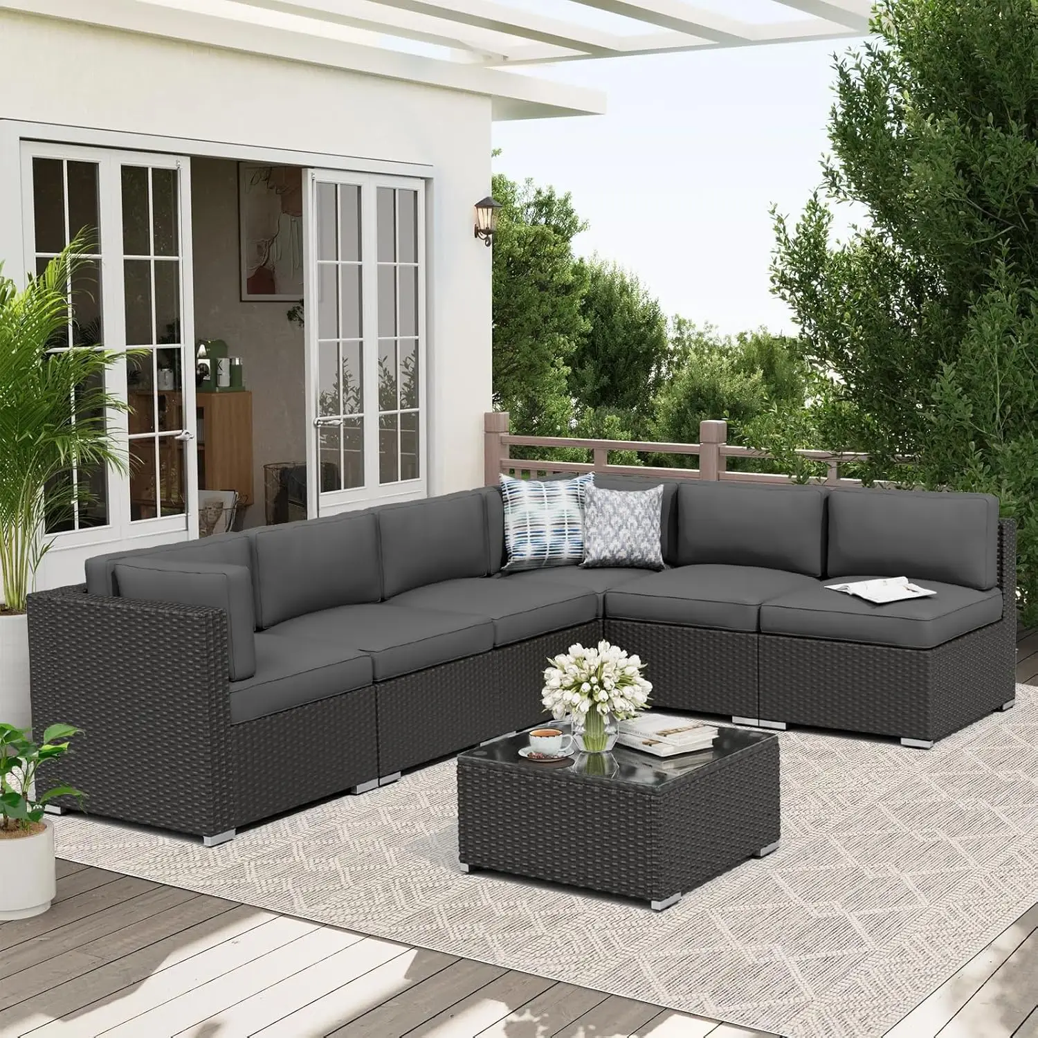 

7-Piece Outdoor Black Rattan Wicker Sectional Conversation Sets Patio Furniture Sofa Set with Cushions and Glass Top Table(Grey)