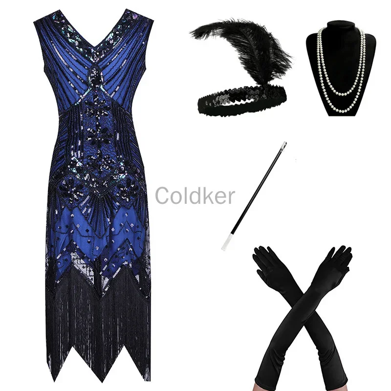 Plus Size Women 1920s Art Deco Great Gatsby Sequin Fringe Flapper Dress Tassels Costume Accessories Set Robe Charleston Vestidos