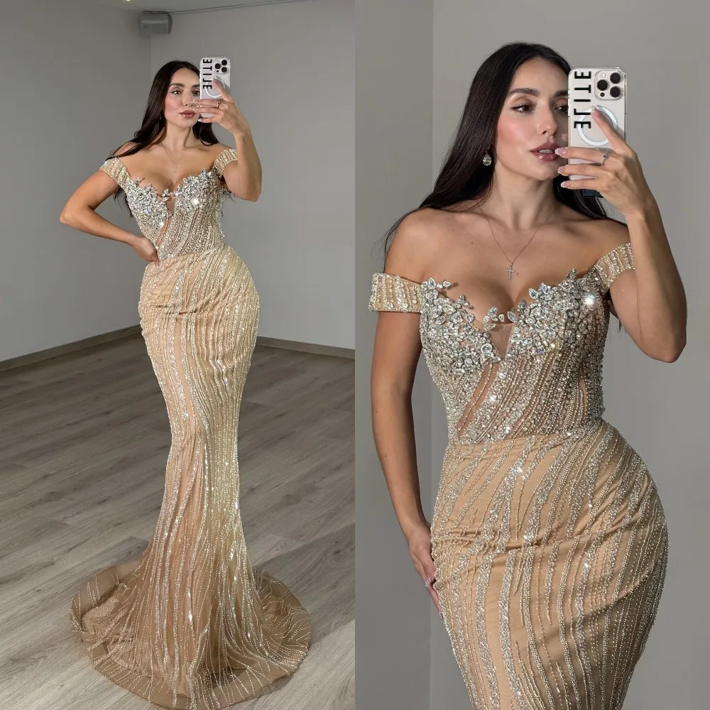 Suknia wieczorowa syrenka na zamówienie, z odkrytymi ramionami, kryształkami, krótkimi rękawami, sukienka na przyjęcie, długa suknia balowa do ziemi.