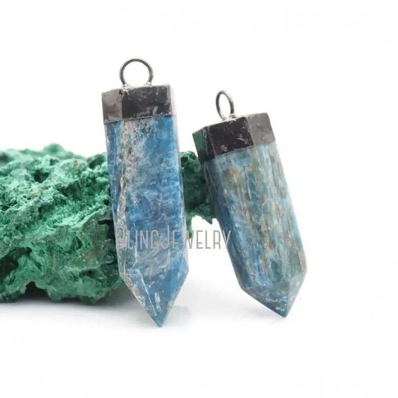 10pcs Blue Apatite Crystal Tower Pendant Point Talisman Witch Wicca Goth Boho Beach Pendulum Obelisk Jewelry Charm