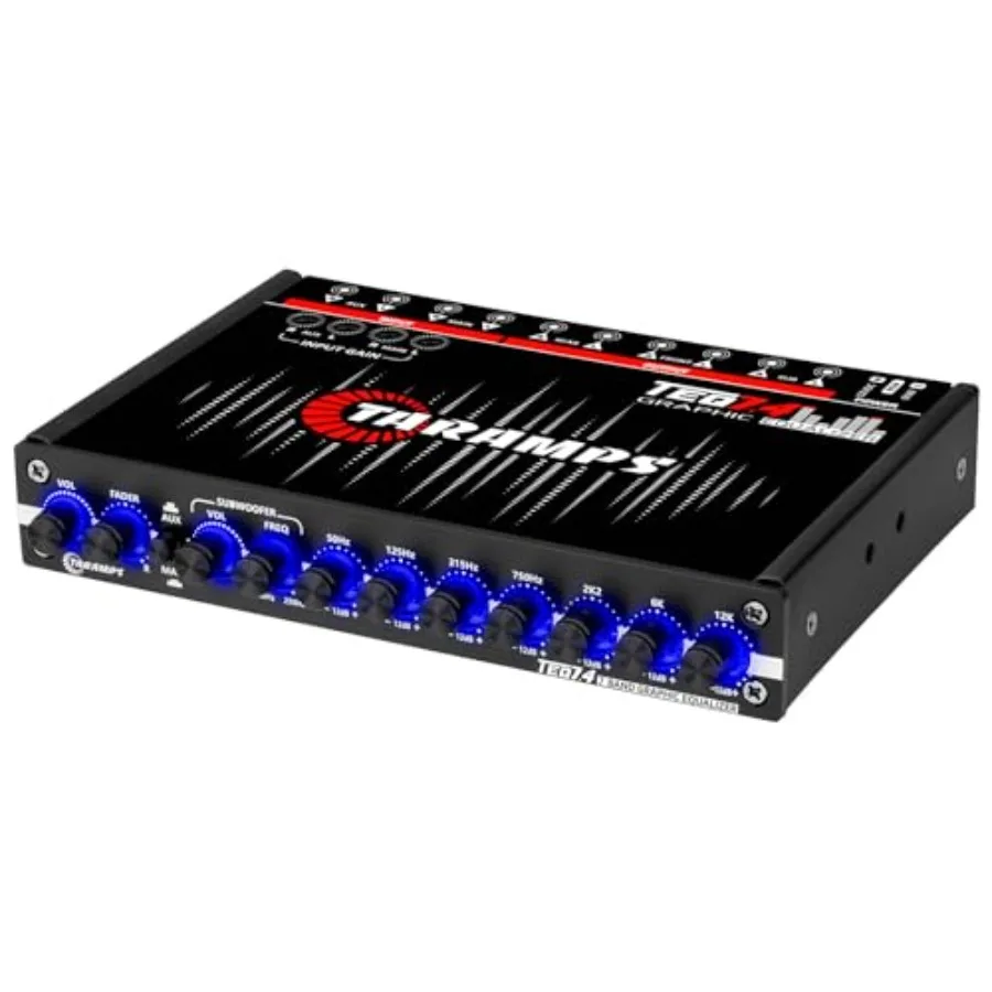 

Car audio graphic equalizer for stereo systems, aluminum alloy housing, blue LED lighting, 7-band adjustment with auxiliary gai