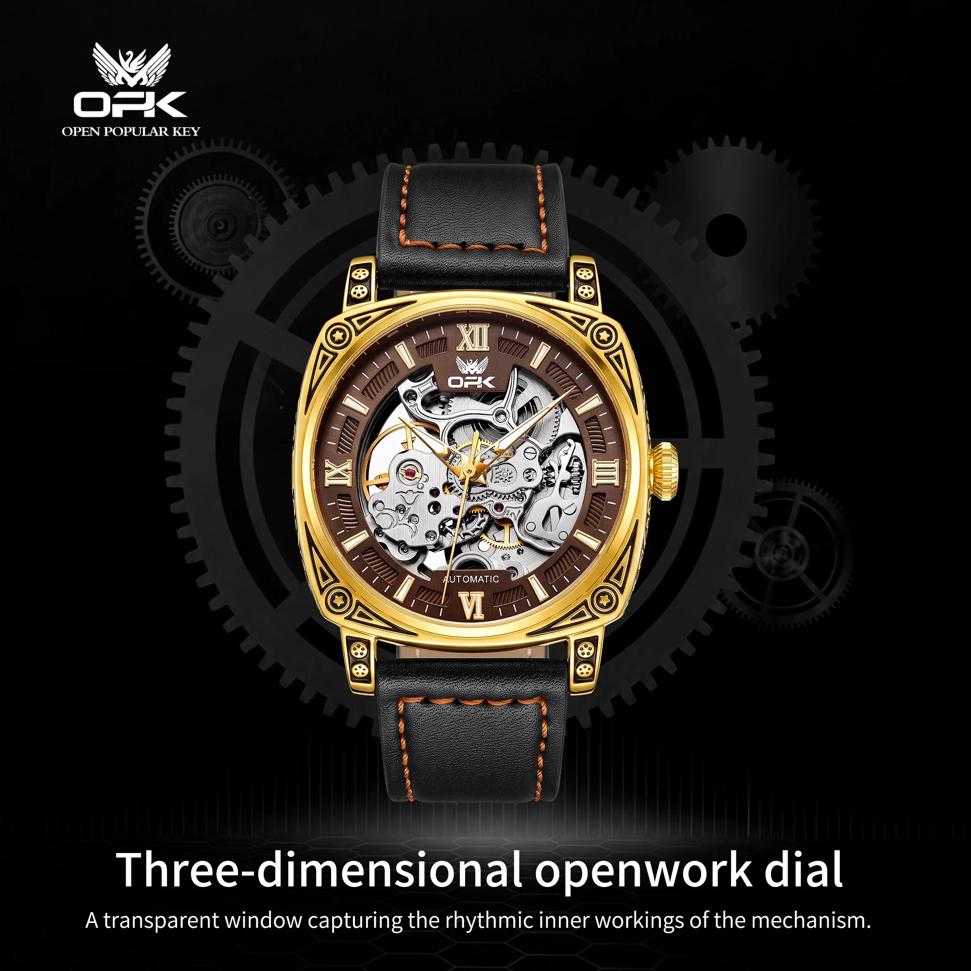 OPK 8200 Fully Automatic Mechanical Watch Vintage Barrel-shaped Dial Leather Strap HD Luminous 30M Waterproof Watch For Men