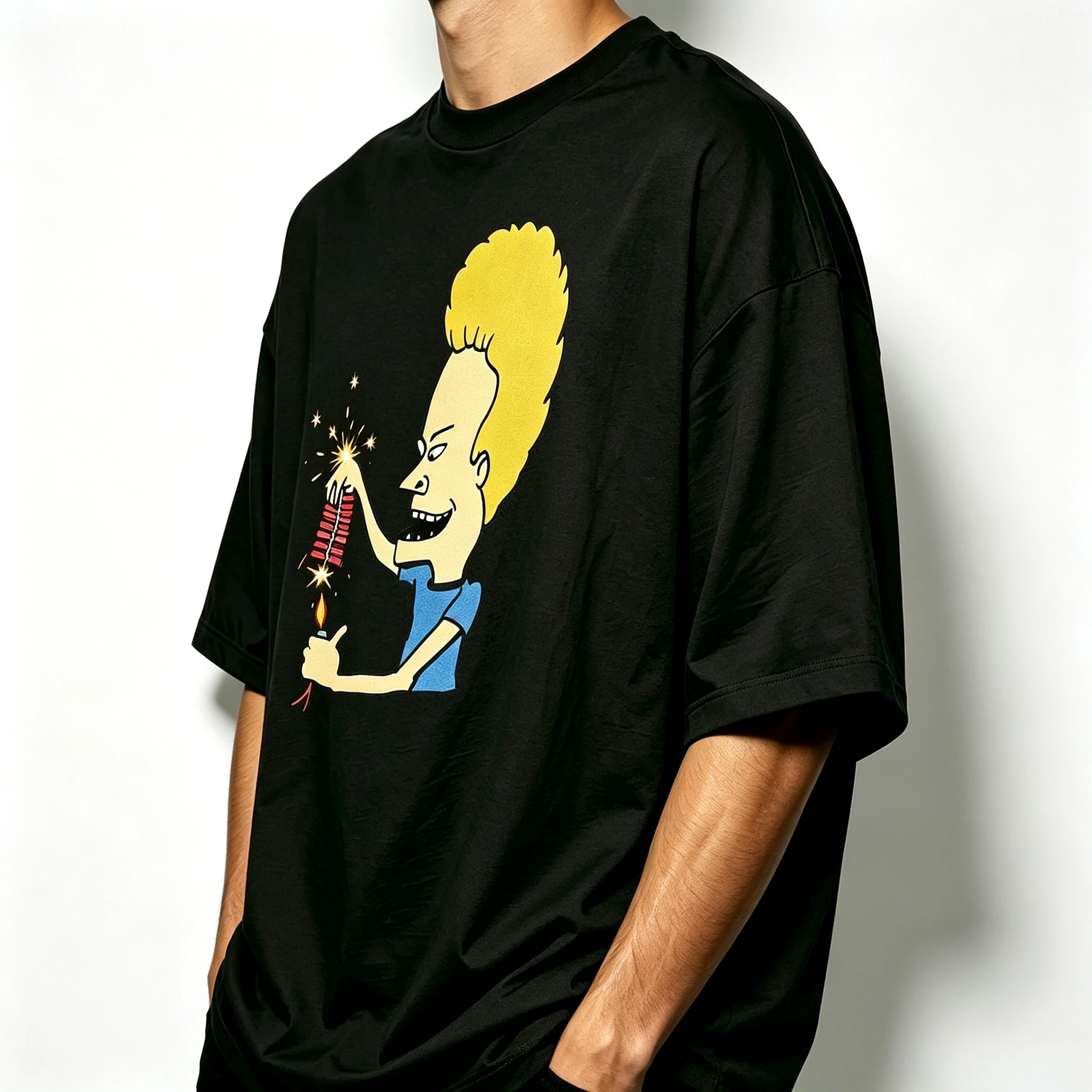 Vintage Beavis And Butt‑Head Cartoon Character Print Short Sleeve O‑Neck Hip‑Hop Street Fashion  Loose Tee Men Modal T‑Shirt