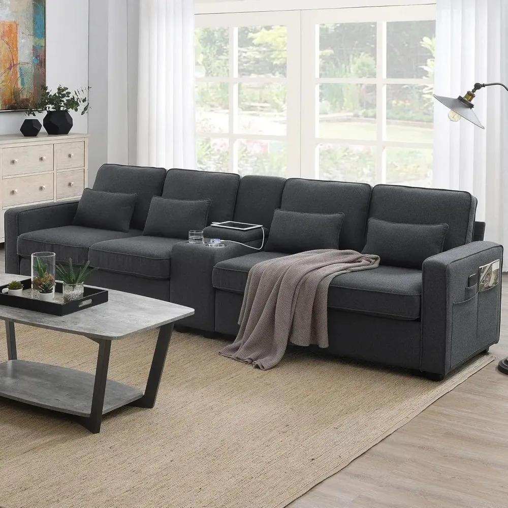 

114.2" Upholstered Sofa Set – Storage Coffee Table, 2 Cupholders & 2 USB Ports with Wired/Wireless Charging
