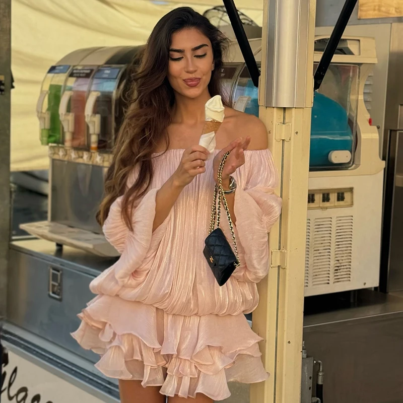 [RUOKE] Vacation Elegant Romantic Dress Women Off Shoulder Ruffle Mini Dress Slash Neck Tiered Dress Summer Beach Holiday Party
