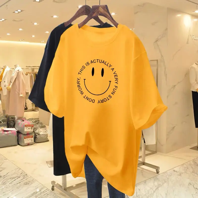 Women\'s Fashion Loose Pure Cotton Smiling Face Short Sleeved T-shirt Summer New Fashion Versatile Basic Top Tees