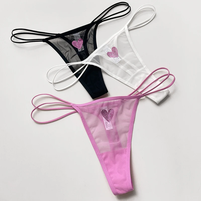 Spitzen-Netzstoff Damen-Slips Sexy Tanga Transparente Strass-Herz-Unterhosen Unterwäsche Mädchen G-String Dessous Fitness T-Back – Detail 8