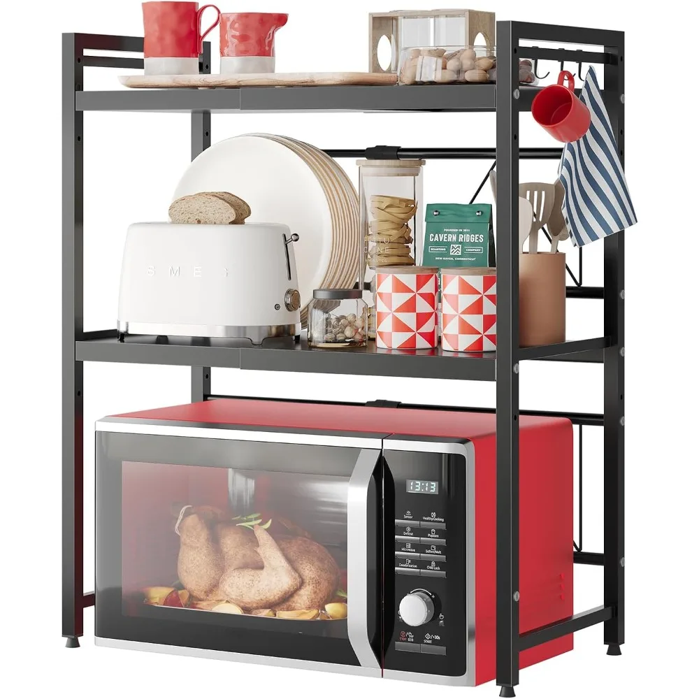 

Expandable Microwave Stand,3 Tier Metal Kitchen Countertop Organizer Shelves with 8 Hooks,Bakers Rack,Microwave Shelf,Microwave