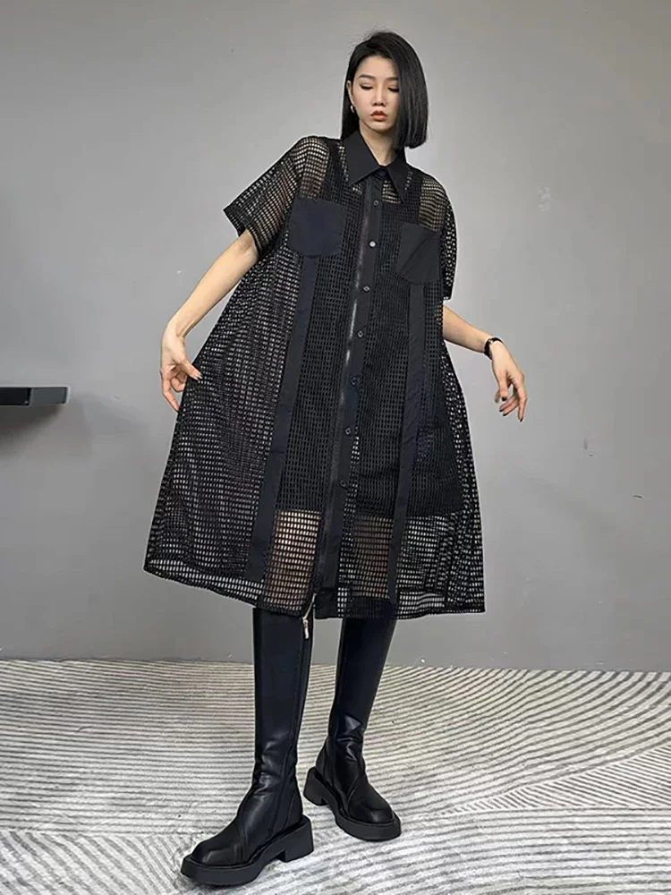 XITAO-vestido camisero con perspectiva calada, cuello vuelto, manga corta, bolsillos empalmados, moda de verano, nuevo vestido para mujer LYD1765