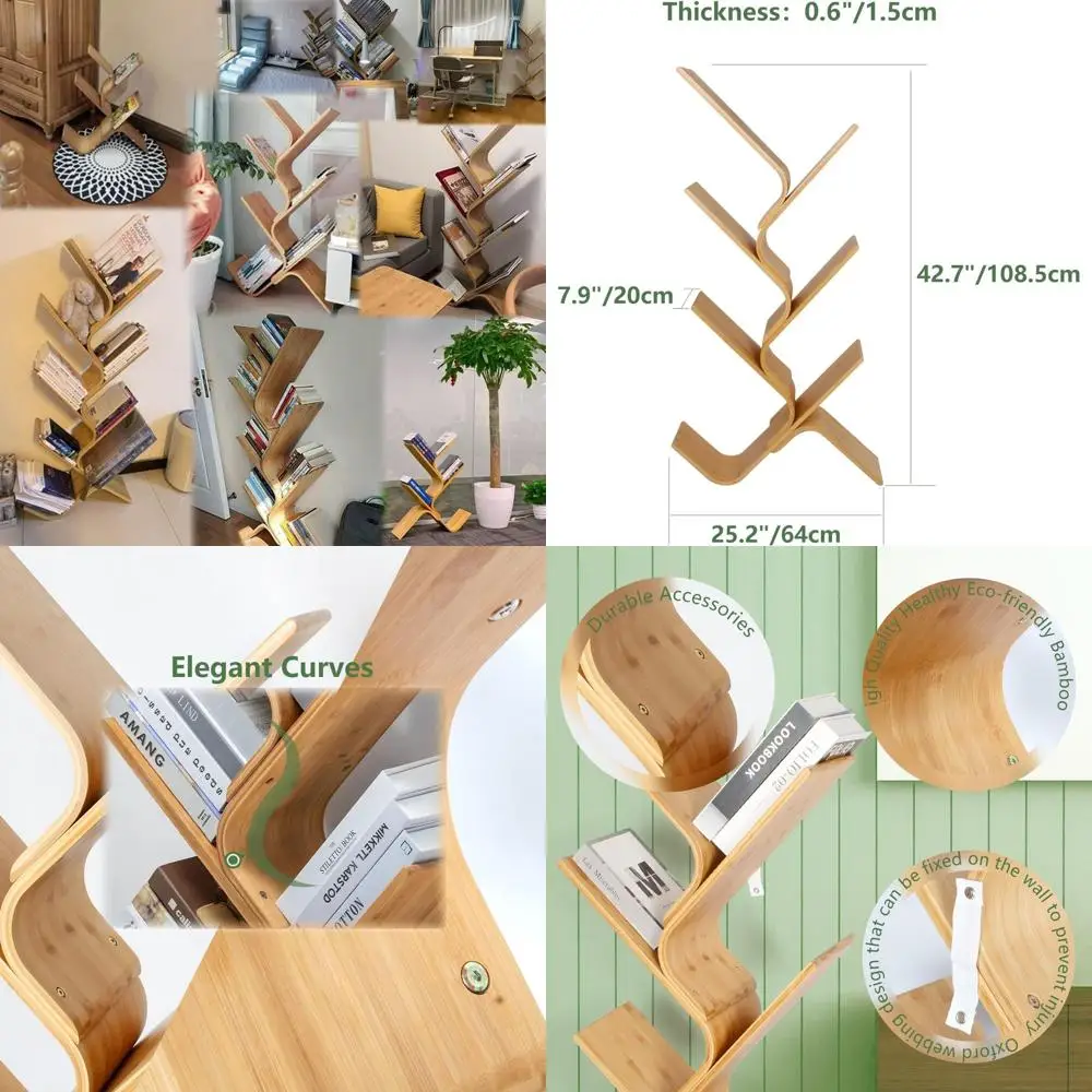 

Contemporary Curved Bamboo Bookshelf, 6-Tier Storage Organizer, Space-Saving Floor Display Rack for Home, Office, Living Room, a