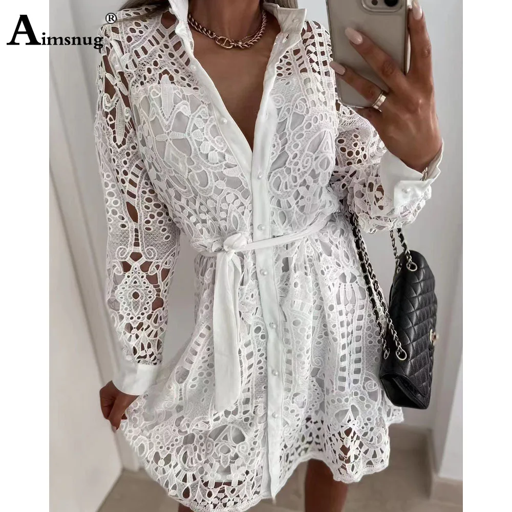 Plus Size 3xl Women Casual Hollow Out Beach Short Dress Mini robe longue femme vestidos 2023 New Summer Elegant lace shirt Dress