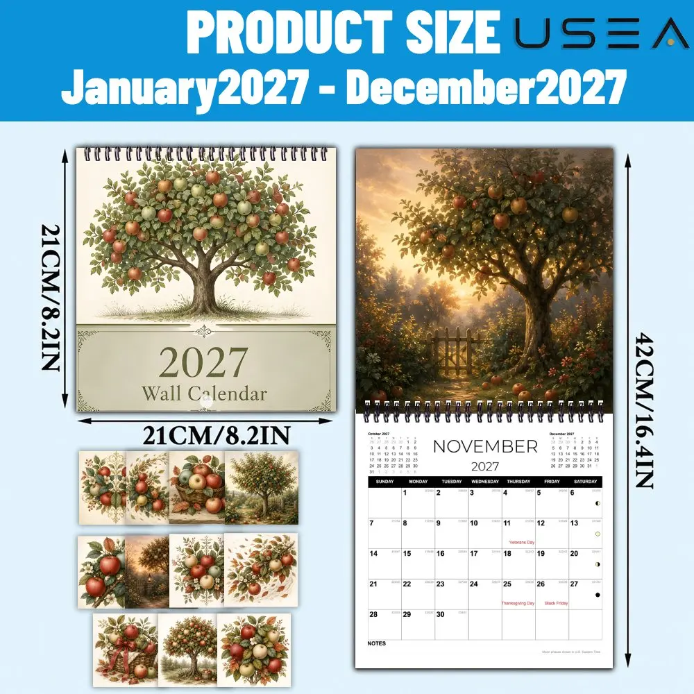 2027 Wall Calendar,US Federal Holidays Moon Phases, Vintage Apple Tree Art Wall Decor, Perfect Christmas New Year Gift