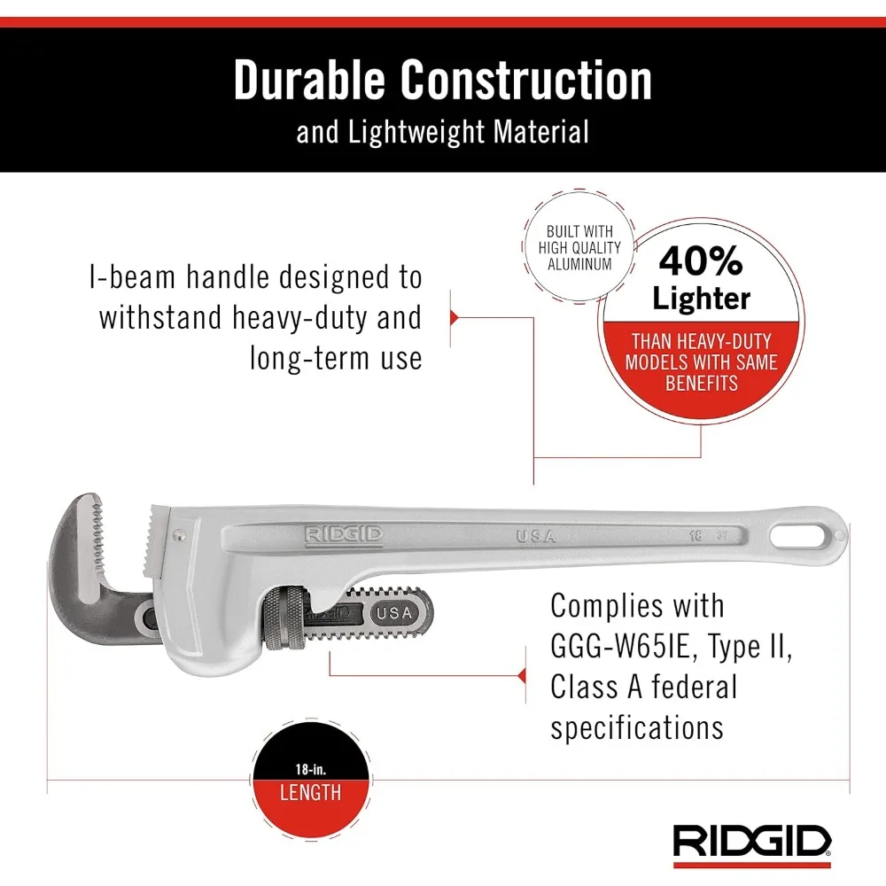 Ridgid 31100 موديل 818 مفتاح ربط أنبوب مستقيم من الألومنيوم مقاس 18 بوصة للسباكة