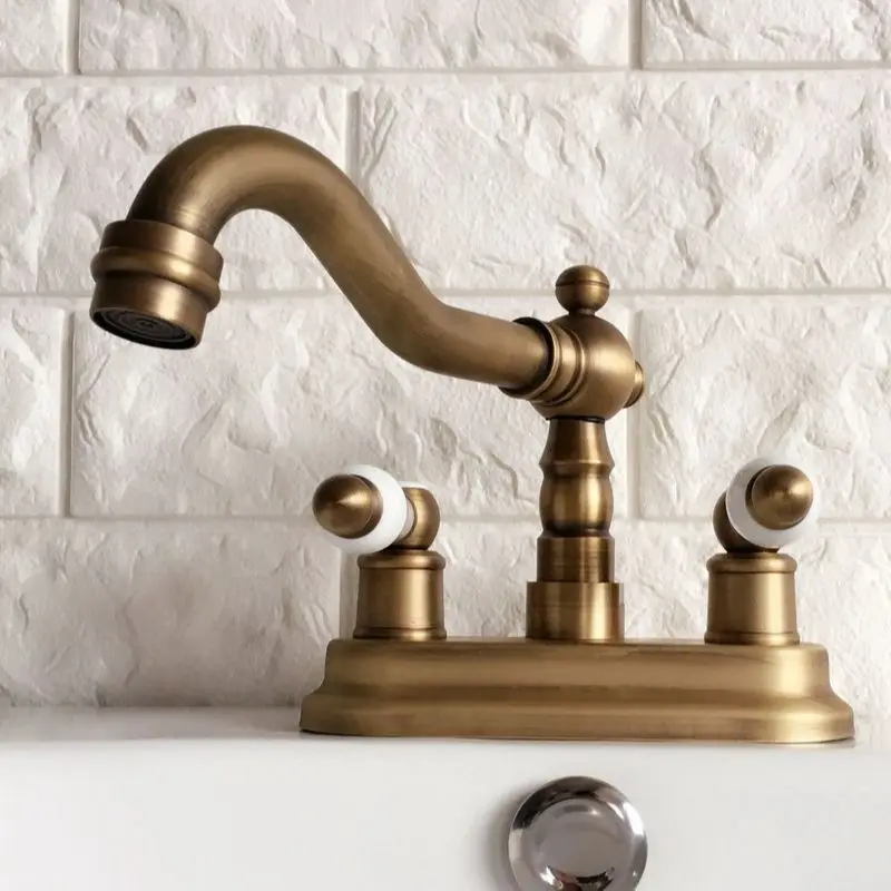 Vintage Retro Antique Brass Swivel Spout Kitchen Sink Faucet 2 Hole Bathroom Basin Cold and Hot Water Mixer Taps Dnfa7