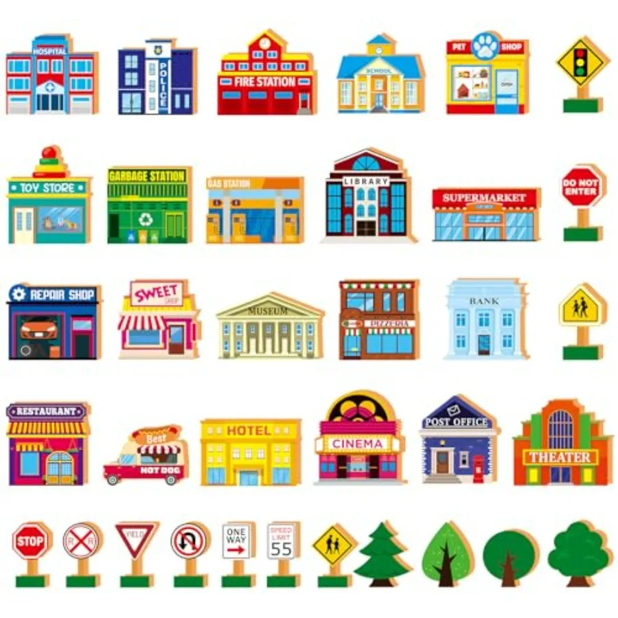 

35 Pcs Wooden Town Building Play Toys for City Street Traffic Signs Multicultural Community Block Train Track Accessories Presc