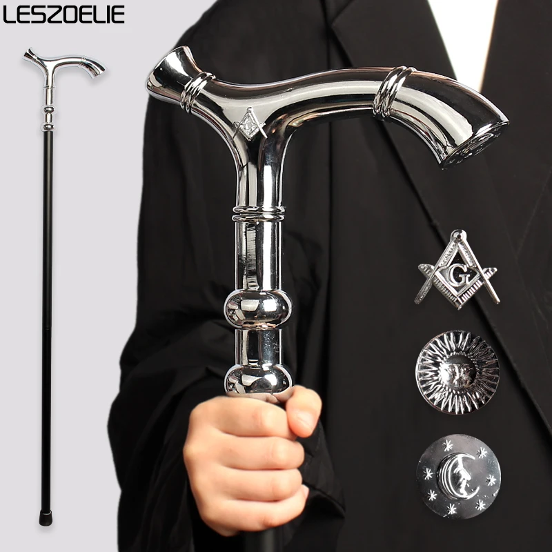 Bright Silver Luxury Masonic Walking Stick Men Mysterious Sun And Moon Decorative Walking Cane Women Elegant Retro Walking Stick