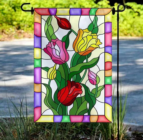 Stained Glass Tulips Garden Flag Spring Floral Outdoor Yard Decor ZZY