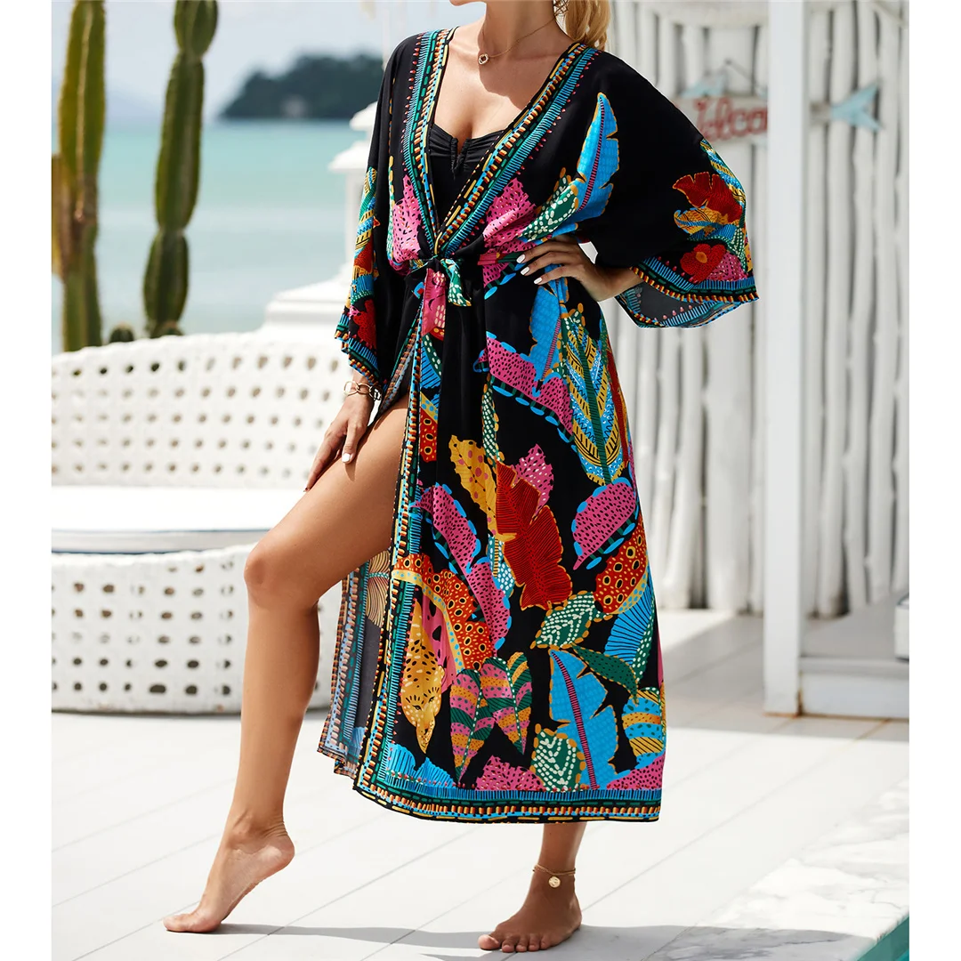 13 Farben, bedruckt, mit Gürtel, gehäkelte Tunika, Strandkleid, Strandmode, Strandbekleidung, Strandüberwurf, Damen, V7201 – Detail 5