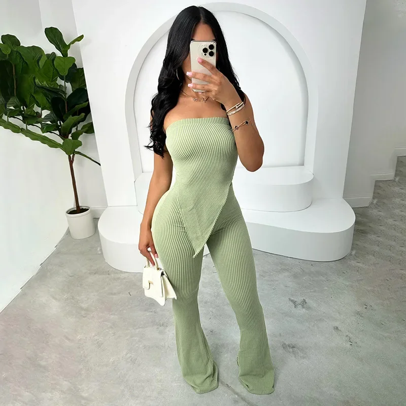 

Women Slim Ribbed 2 Piece Set Strapless Backless Irregular Tank Tops + High Waist Slim Flare Pants Fashion Casual Trousers Suits