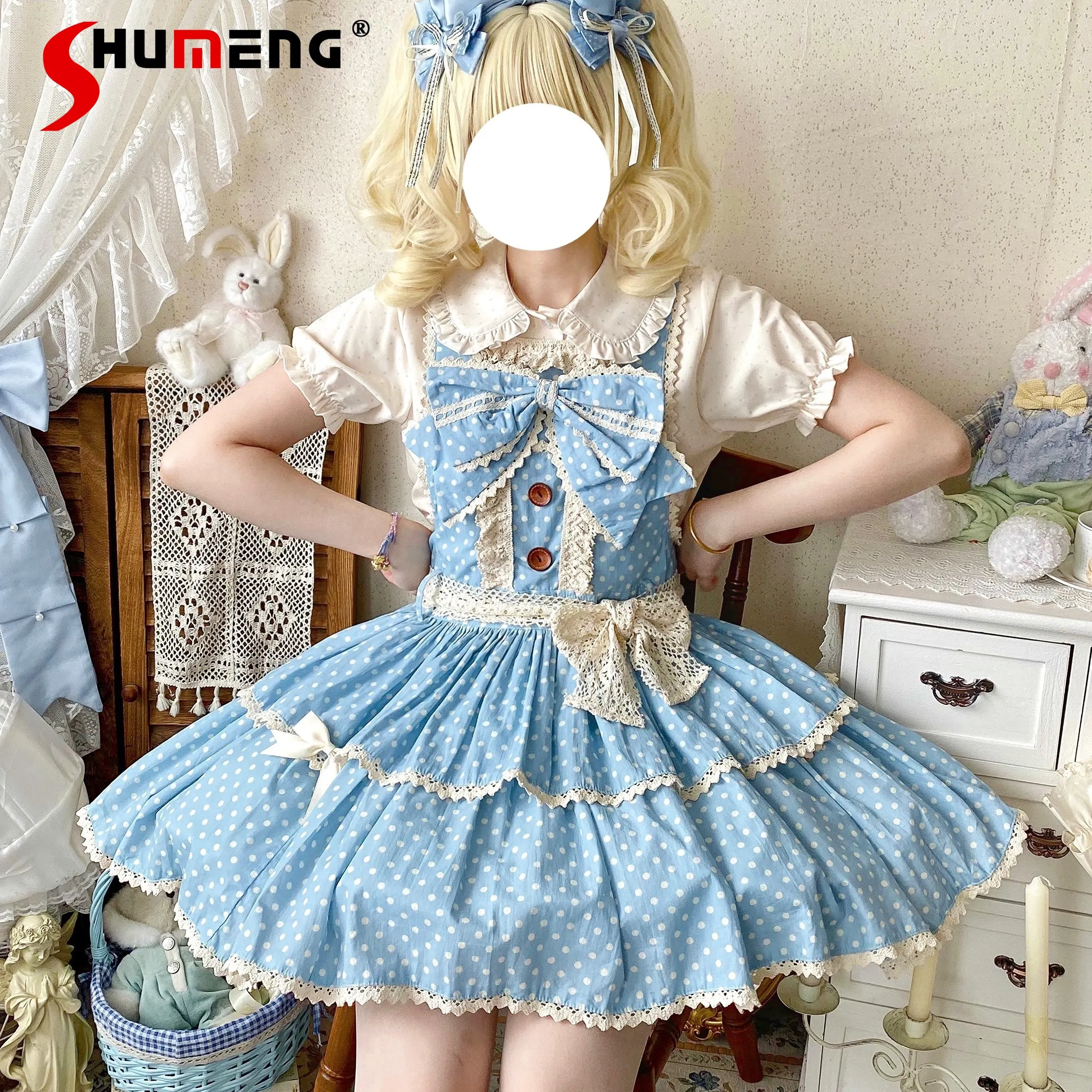 

Original Japanese Sweet Soft Girl’s Dot JSK Dress Adjustable Strap Lace Bow High Waist Versatile Lolita Suspender Dress Women