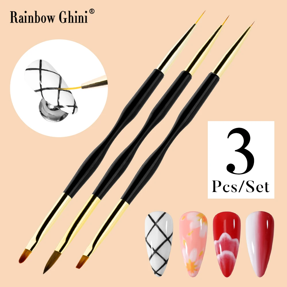 

Rainbow Ghini 3Pcs/Set Double End Nail Brush Painting Drawing Lines Pen DIY UV Gel Flowers Design Nail Art Salon Manicure Tools