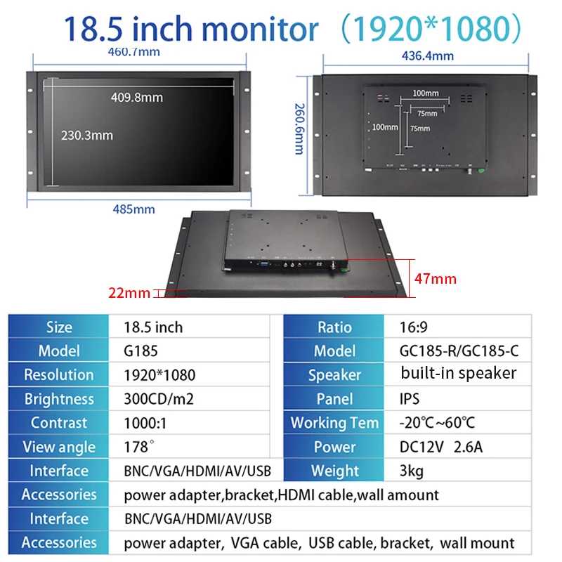 18.5 Inch 1920*1080 LCD Display IPS Industrial Panel 16:9 Touch Screen Open Frame Monitor With HDMI BNC AV VGA USB Interface