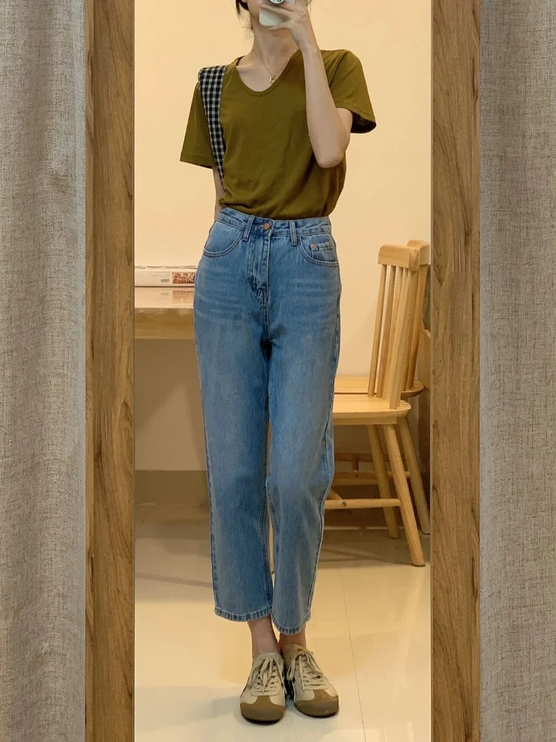Celana jins wanita, celana jins Retro pinggang tinggi, celana ketat wanita, tipis, musim panas, celana lurus peramping, celana mode jalanan tinggi, desain